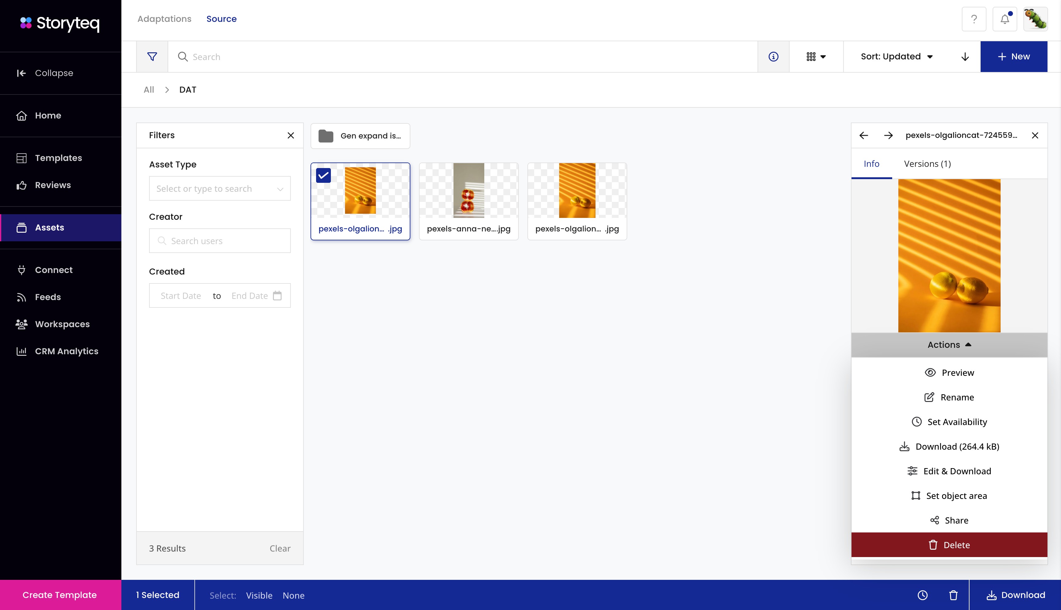 Accessing DAT from the Actions menu in Source Assets